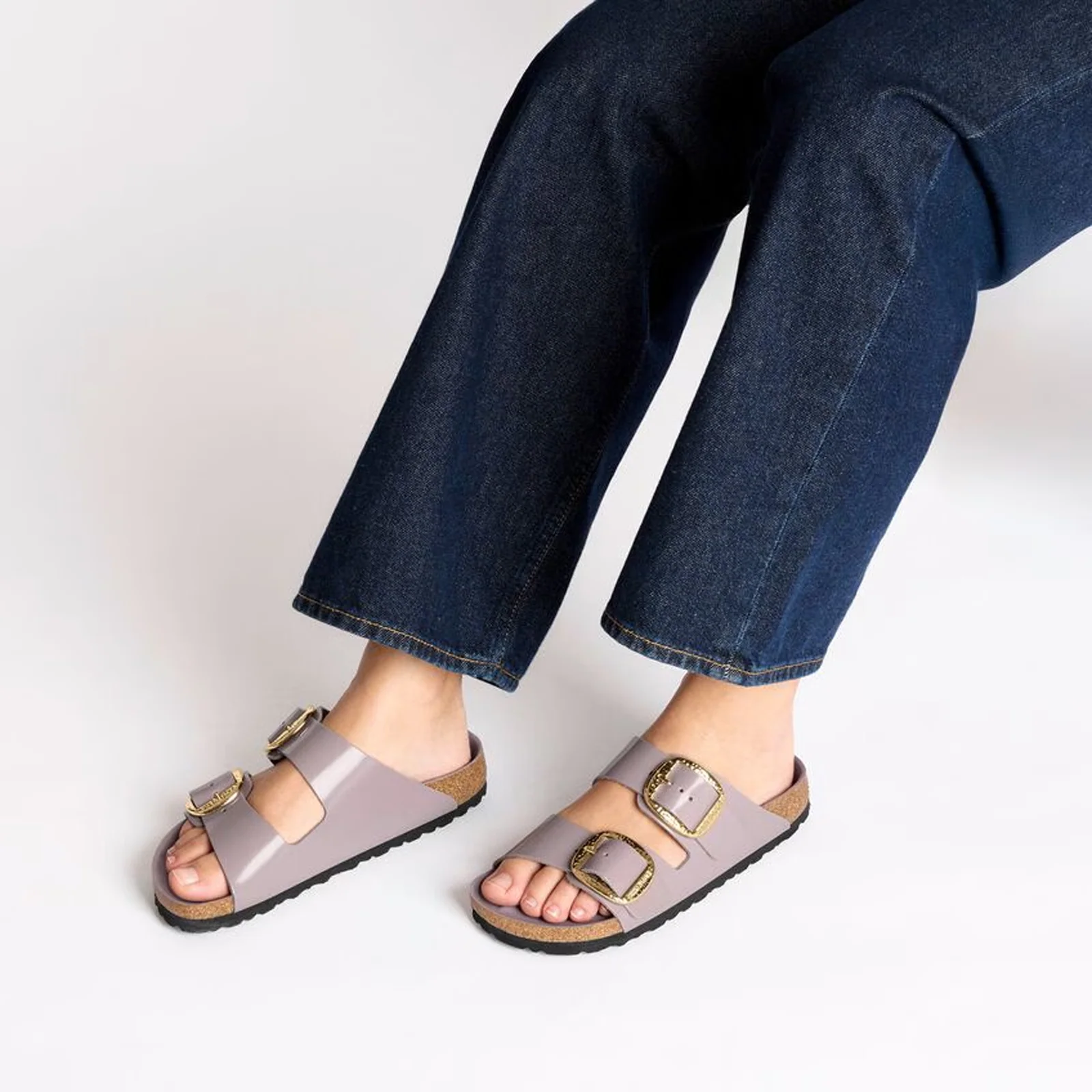 Birkenstock Arizona Hammered Big Buckle Narrow Slide Sandal (Women) - High Shine Faded Purple Leather - Image 6