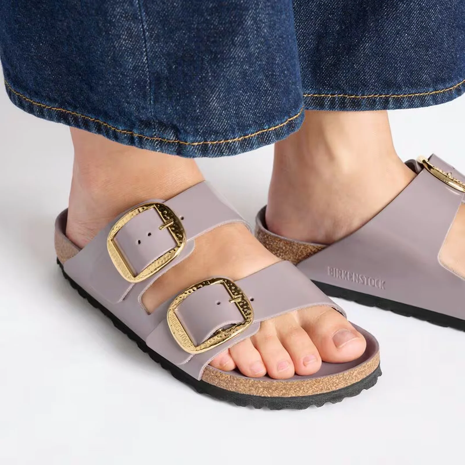 Birkenstock Arizona Hammered Big Buckle Narrow Slide Sandal (Women) - High Shine Faded Purple Leather - Image 7