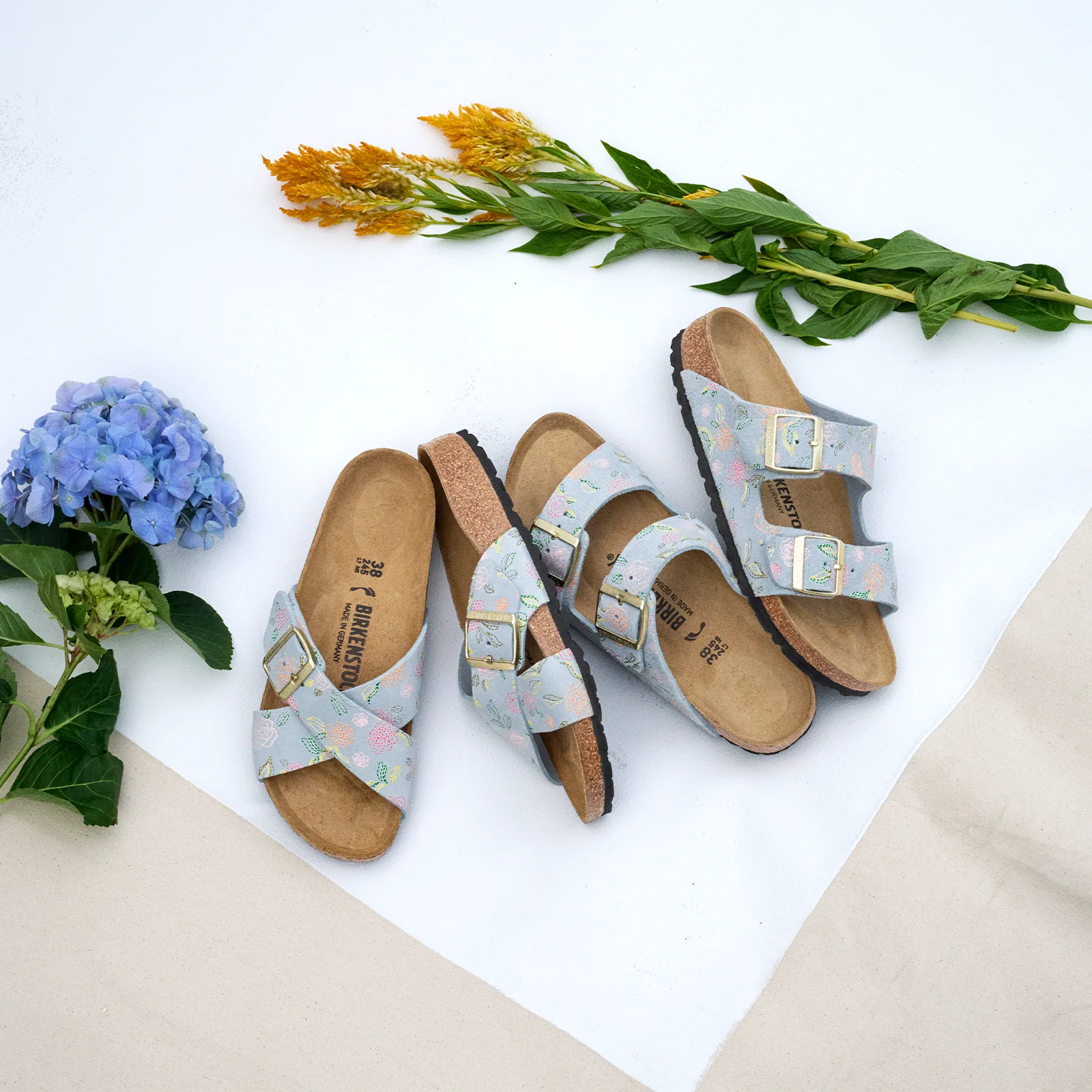 Birkenstock Arizona Narrow Slide Sandal (Women) - Flowers Baby Blue Suede - Image 10