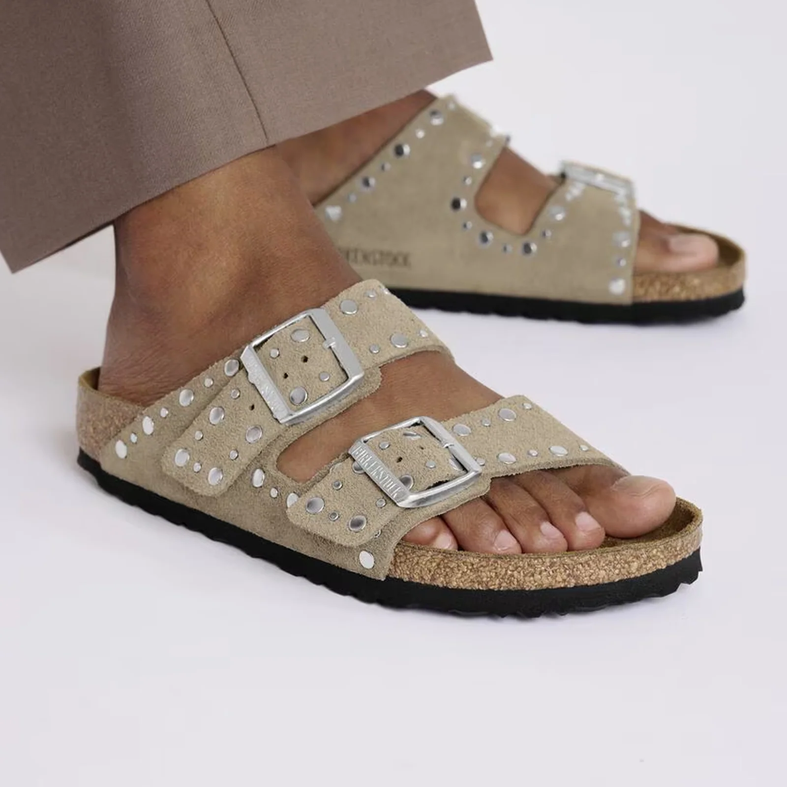 Birkenstock Arizona Rivets Narrow Slide Sandal (Women) - Taupe Suede - Image 7