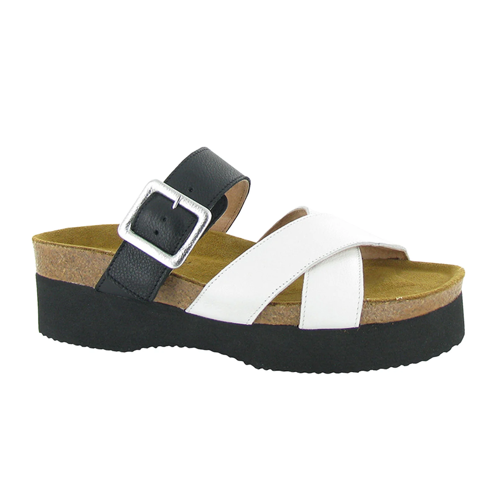 Naot Juliette Slide Sandal (Women) - Soft White Leather/Soft Black Leather